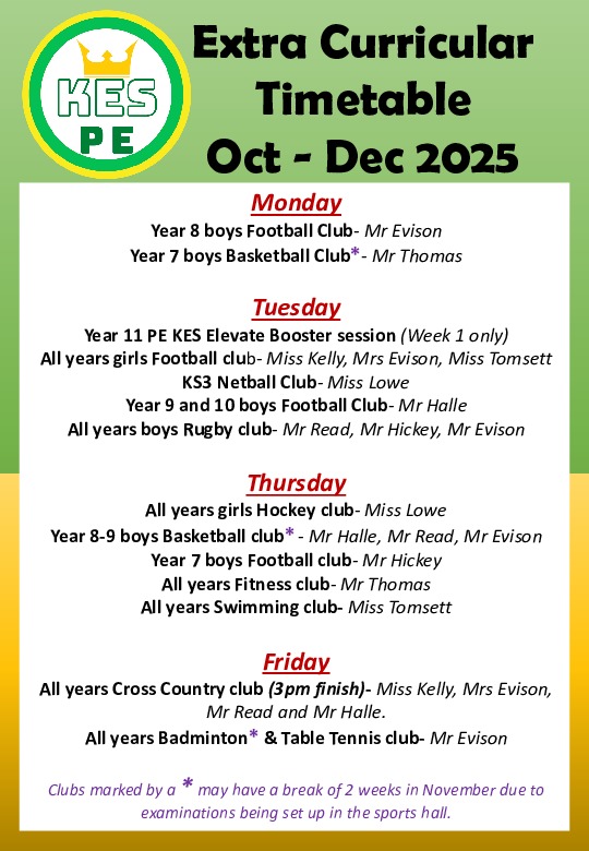 PE Extra Curricular Timetable October-December 2025